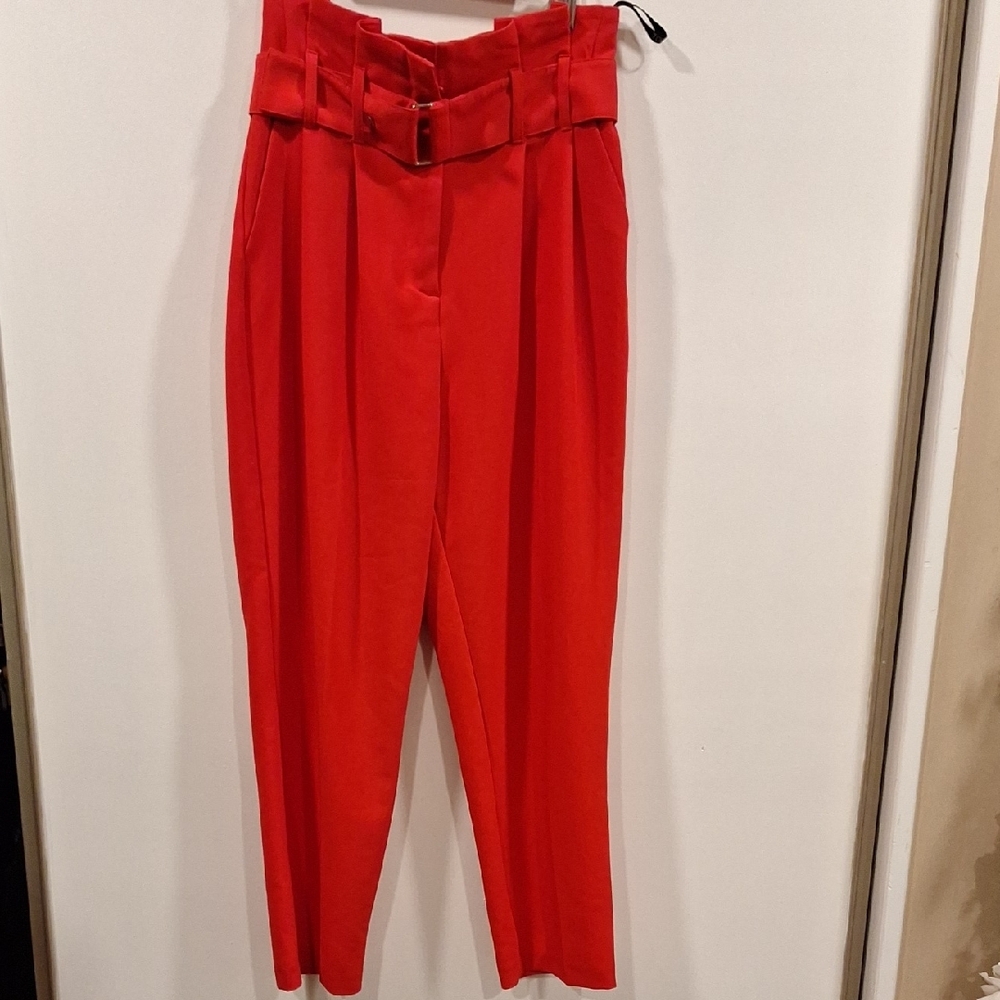 Vibrant Topshop Red High-Waisted Ankle-Length Pants with Paper Bag Waist